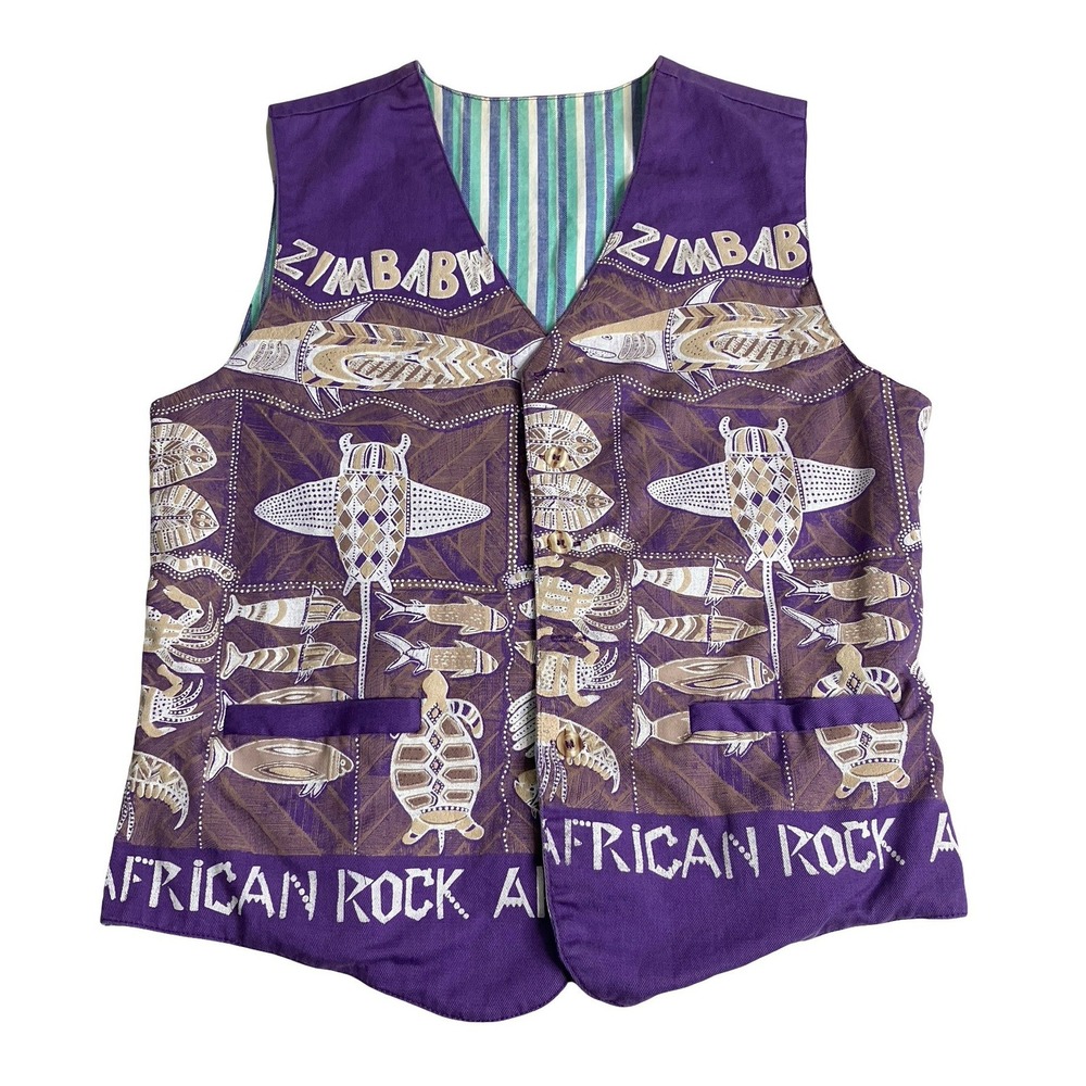 Zimbabwe African Rock Art Vest Womens S‎ Purple Graphic Print V-Neck Cinch Back
